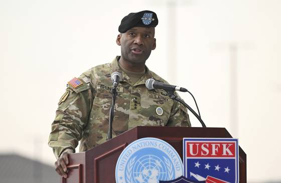 U.S. Forces Korea (USFK) Commander General Xavier Brunson speaks during a change-of-command ceremony for the United Nations Command, Combined Forces Command and the United States Forces Korea at Camp Humphreys in Pyeongtaek, Gyeonggi, on Dec. 20, 2024. [AP/YONHAP]