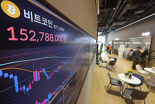 대표적 가상화폐인 비트코인이 사상 최초로 11만 달러를 넘어선 가운데 22일 서울 서초구 빗썸라운지 강남본점 전광판 비트코인 시세가 띄워져 있다.  [연합]