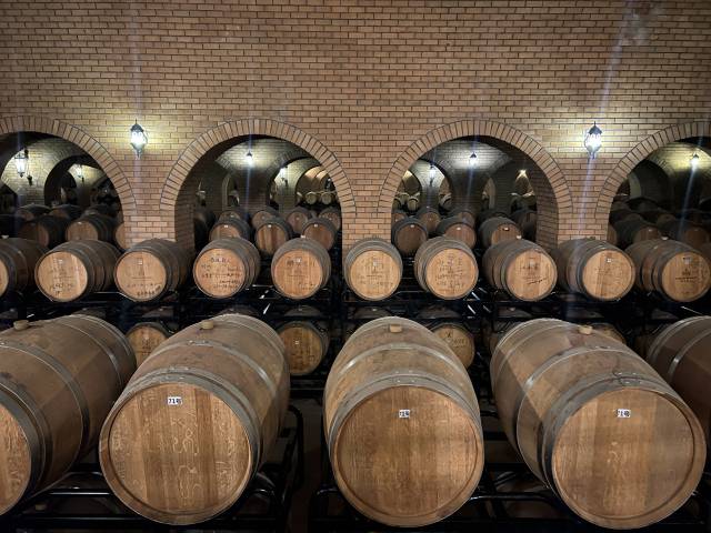 18일 중국 산둥성 옌타이시 펑라이에 위치한 쥔딩 와이너리의 와인 숙성고에 오크통들이 진열돼 있다. 오크통 하나에는 약 300병의 와인이 담겨 있다. 김광수특파원