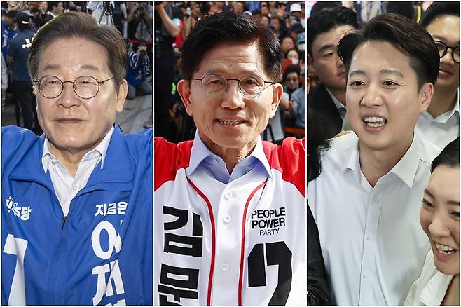14일 거제에서 지지자들에게 인사하는 이재명 후보(왼쪽부터), 밀양 찾아 유세하는 김문수 후보, 부산 자갈치시장에서 시민들 만나는 이준석 후보 ⓒ연합뉴스