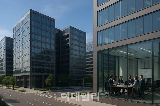 마곡지구의 상징적인 풍경. 대형 오피스 건물들이 비어 있는 듯 조용한 외관을 하고 있지만, 그 안에서는 투자자 혹은 임대 담당자들이 실무 회의를 하고 있다. 겉으로는 정적이지만, 안에서는 역동적인 재구성이 일어나는 ‘공실률과 투자 가치의 모순’을 시각화한 장면.(사진=챗GPT)