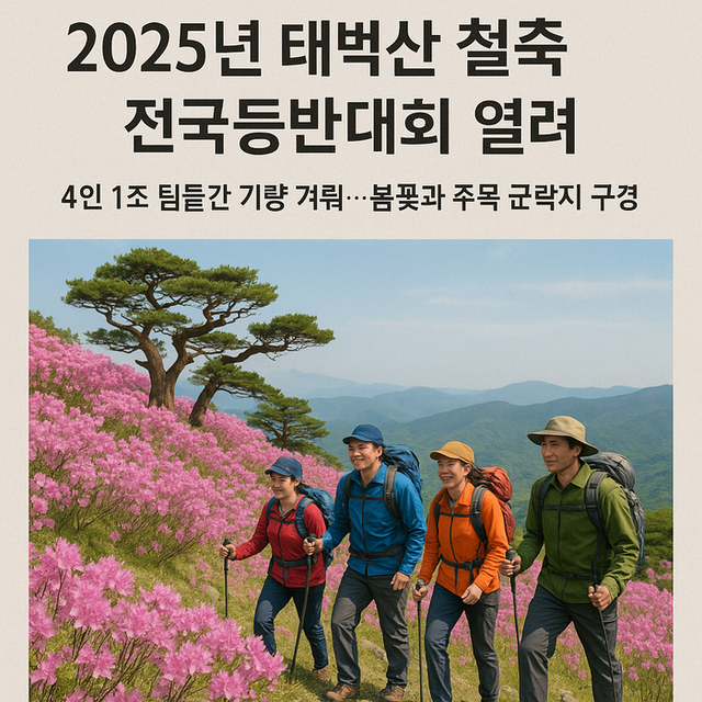 ▲ ‘20255년 태백산 철쭉 전국 등반대회’가 오는 25일 오전 9시 태백산국립공원 당골광장과 유일사 주차장을 출발해 천제단·문수봉을 거쳐 당골광장으로 내려오는 개 코스에서 열려 4인 1조로 팀들을 대상으로 등반 기량을 겨룬다. ChatGPT 생성 이미지.