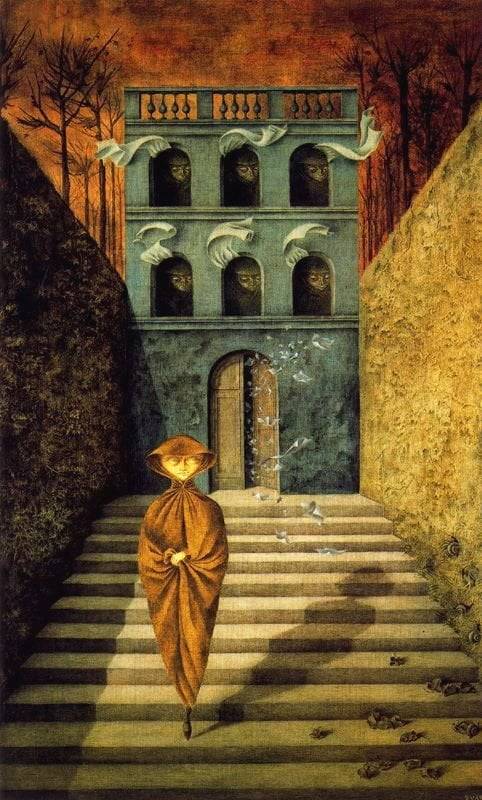 레메디오스 바로 '파열'(1955). 건물에 있는 사람들이 계단을 내려가는 인물을 감시하고 있다.