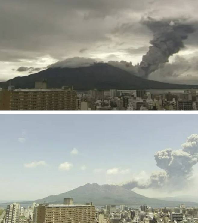 일본의 대표적 활화산 사쿠라지마에서 최근 1주일간 폭발적인 분화 활동이 이어지고 있다. [사진 = NHK 갈무리]