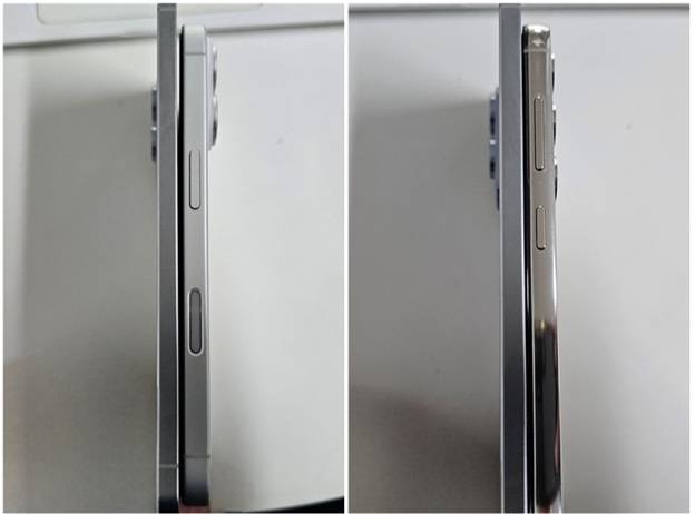 갤럭시S25 엣지(5.8㎜, 각 사진에서 왼쪽 모델)와 아이폰16(7.8㎜, 왼쪽 사진), 갤럭시S23 일반 모델(7.6㎜) 두께 비교. /사진=김승한 기자