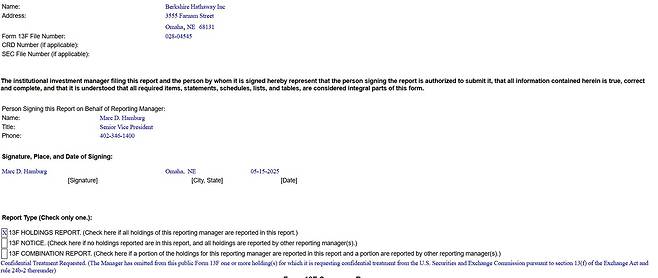 버크셔 해서웨이가 증권거래위원회(SEC)에 제출한 13-F 보고서. [SEC]