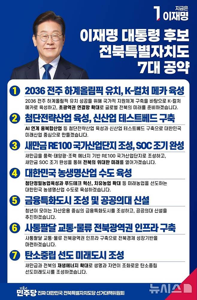 [전주=뉴시스] 더불어민주당 이재명 대통령 후보 전북특별자치도 7대 공약. (사진=민주당 전북도당 제공) 2025.05.24. photo@newsis.com *재판매 및 DB 금지