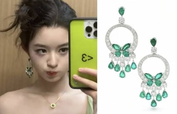 중국 배우 황양톈톈(왼쪽)이 지난 11일 자신의 소셜미디어(SNS)에 올린 ‘셀카’ 사진과 그가 사진 속에서 착용한 것이라고 네티즌들이 추청한 영국 명품 주얼리 브랜드 그라프의 귀걸이. 자료 : 황양톈톈 웨이보·소더비 홈페이지