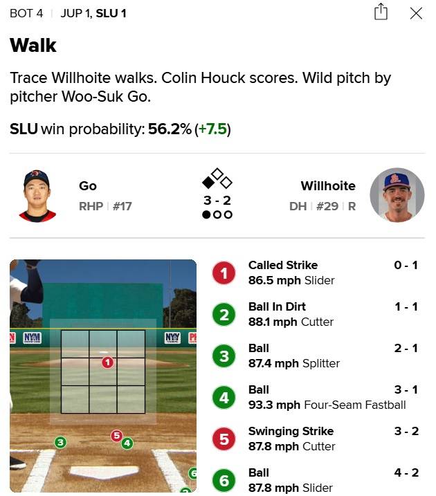 고우석이 24일(한국시간) 세인트루시 메츠와 2025 미국 마이너리그 로우 싱글A 리그 방문경기 4회말 윌호이트를 상대로 볼넷을 내줬다. /사진=Milb.com 갈무리