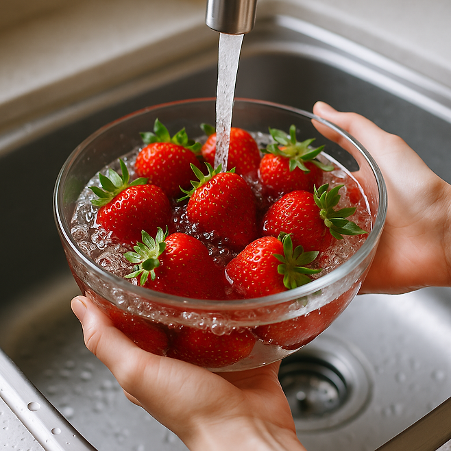 딸기를 물에 씻는 사진