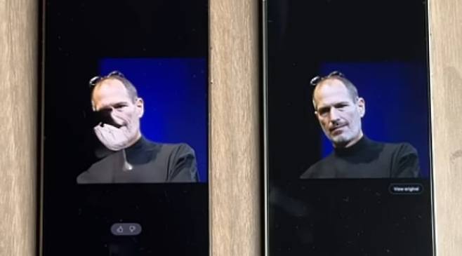 애플 AI(왼쪽)와 삼성 AI로 변형시킨 사진의 결과물. /유튜브 'Custom Adventurist'