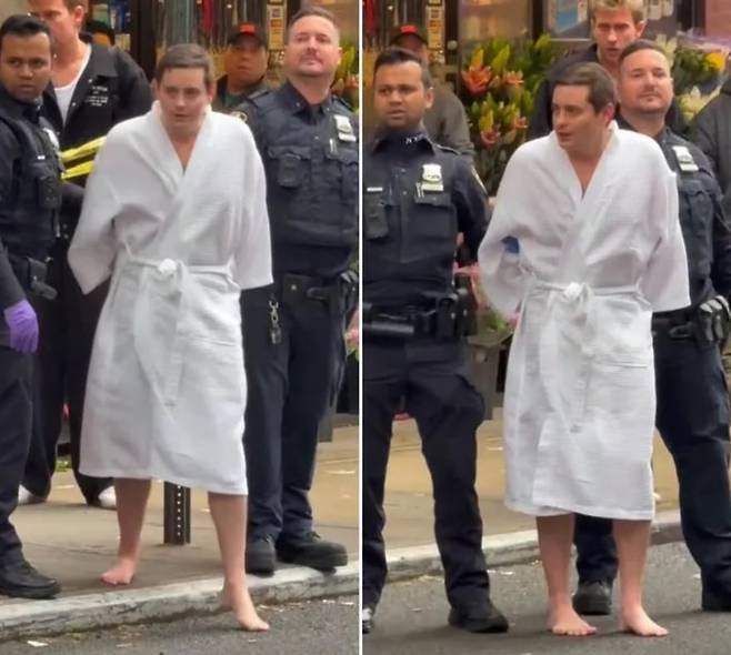 비트코인 비밀번호를 노리고 이탈리아 출신 관광객을 감금 및 고문한 혐의 등을 받는 존 월츠가 뉴욕 맨해튼의 한 고급 타운하우스 앞에서 체포되고 있다. /X