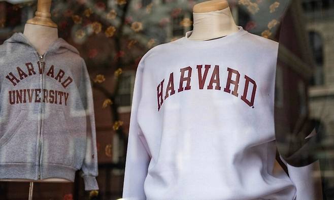 지난달 15일 미국 매사추세츠주 케임브리지에 위치한 하버드대 캠퍼스 내 학교 기념품점 창문에 진열된 하버드 스웨트셔츠. 케임브리지/AFP 연합뉴스