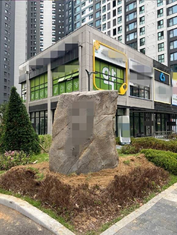 동대문구 이문동 신축아파트에 설치된 조경석. [사진=온라인 커뮤니티 '블라인드' 캡처]