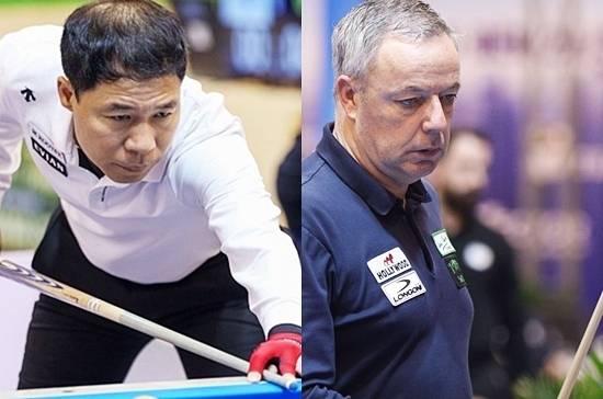 허정한과 야스퍼스가 2025 호치민3쿠션월드컵 4강전에서 각각 황봉주와 트란퀴옛치엔을 누르고 결승에 진출, 우승 트로피를 놓고 다투게 됐다. (사진=SOOP)