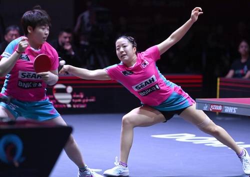 세계탁구선수권 여자복식 4강 벌이는 신유빈(오른쪽)과 유한나 [대한탁구협회 제공. 재판매 및 DB 금지]