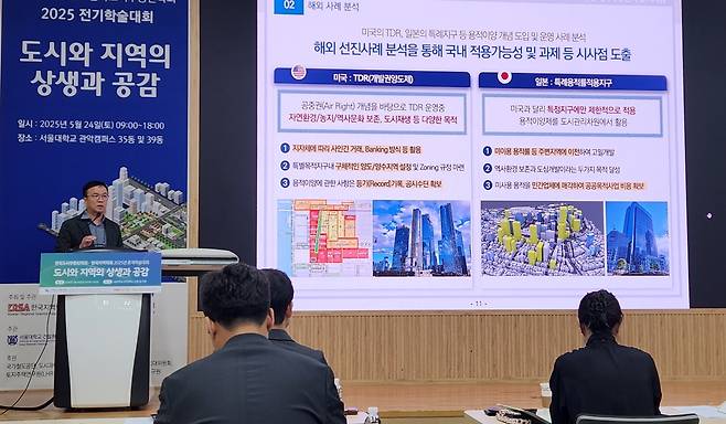 한국도시부동산학회 학술대회  (서울=연합뉴스) 지난 24일 열린 한국도시부동산학회 학술대회에서 권영필 보통과이상도시건축사사무소 대표가 '용적이양제 도입 필요성과 해외 활용사례'를 발표하고 있다. 2025.5.25