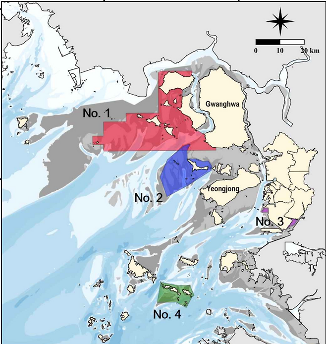 인천시민단체가 세계문화유산으로 등재를 신청할 인천갯벌(1번 강화갯벌, 2번 장봉도갯벌, 3번 송도갯벌, 4번 대이작도 주변해역). 인천갯벌세계유산추진시민협력단 제공