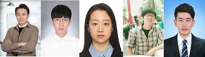 왼쪽부터 강주헌 교수, 장봉환 박사(제1저자), 정수현 박사, 권세용 박사, 박성진 박사. [사진=UNIST]