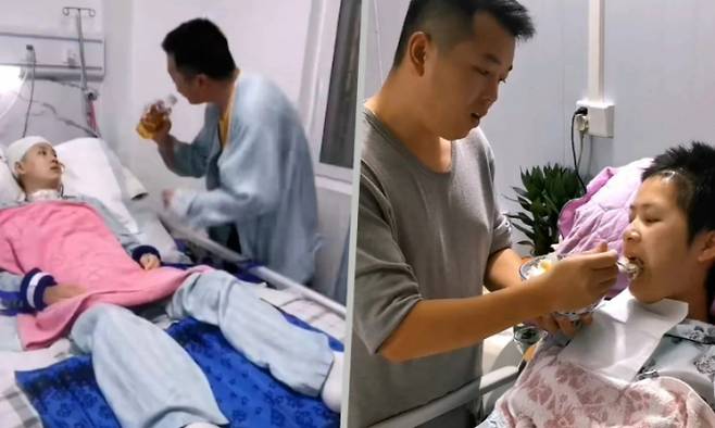 중국에서 한 남편이 혼수상태에 빠진 아내를 포기하지 않고 간호한 사연이 알려졌다. 사진은 아내 예메이디를 간호 중인 남편 덩유차이의 모습. /사진=사우스차이나모닝포스트 홈페이지 캡처