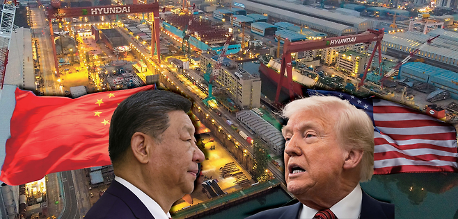 한국의 대표 조선사인 HD현대중공업의 울산 조선소 야드가 밝게 불을 밝히고 있다. [EPA·AP·HD현대중공업]