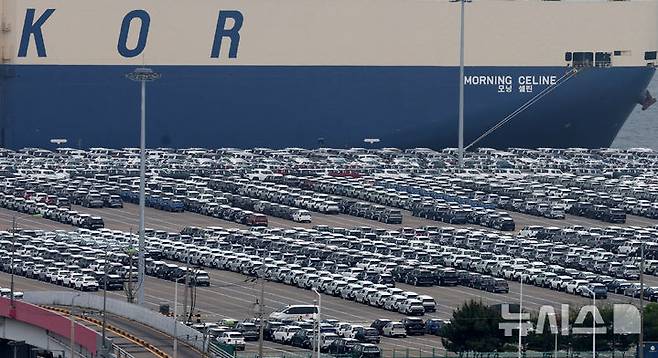 [평택=뉴시스] 추상철 기자 = 미국의 관세 정책이 지속된다면 국내 기업들의 수출이 4.9% 감소할 것이라는 설문조사 결과가 나왔다. 지난 22일 오후 경기 평택항 자동차 전용부두에 수출 차량이 세워져 있다. 2025.05.22. scchoo@newsis.com