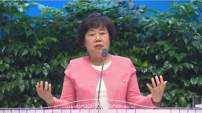 교회에서 발언 중인 국민의힘 조배숙 의원. 유튜브 채널 크리스천투데이 캡처