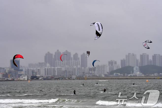 지난 24일 오후 경북 포항시 송도해수욕장에서 카이트보드 동호인들이 바람을 가르며 바다 위를 질주하고 있다. 2025.5.24/뉴스1 ⓒ News1 최창호 기자