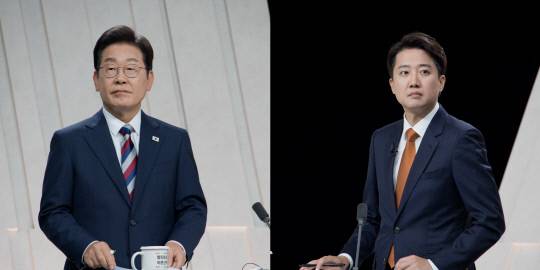 27일 대선 후보자 정치분야 TV토론회에서 이재명(왼쪽) 더불어민주당 후보·이준석 개혁신당 후보 가 발언 준비를 하고 있다. 연합뉴스