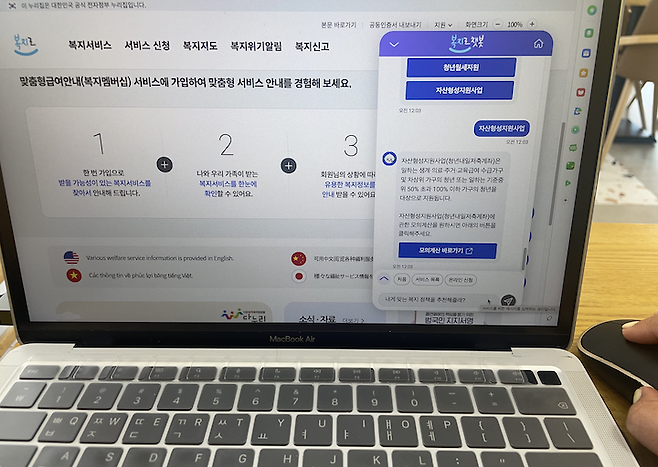 직접 복지로의 챗봇 서비스인 '복지니'를 이용하고 있는 모습.