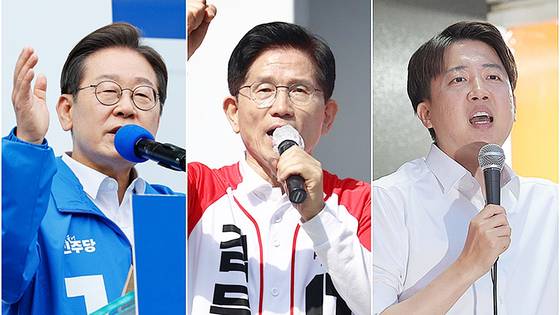 14일 창원에서 지지 호소하는 이재명 후보(왼쪽부터), 진주광미사거리에서 유세하는 김문수 후보, 13일 대구 2.28기념중앙공원에서 집중유세하는 이준석 후보. 연합뉴스