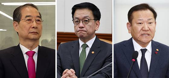 한덕수 전 국무총리, 최상목 전 경제부총리, 이상민 전 행정안전부 장관(왼쪽부터 순서대로). 연합뉴스