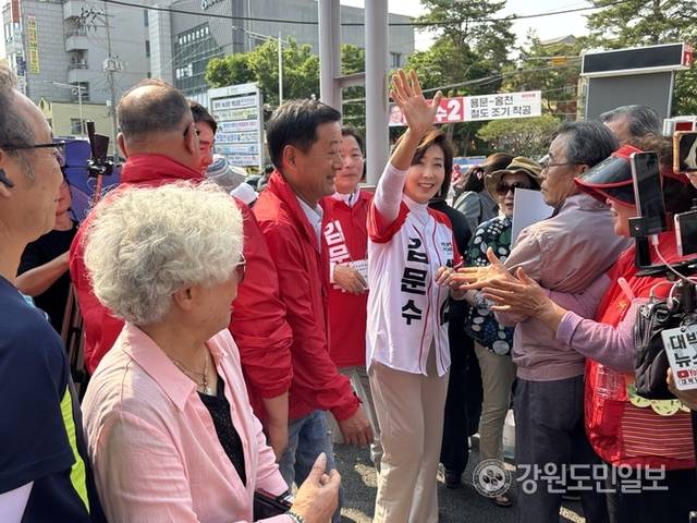 ▲ 국민의힘 나경원 공동선거대책위원장은 27일 홍천읍 꽃뫼공원을 찾아 김문수 대선 후보의 한표를 호소했다. 유승현