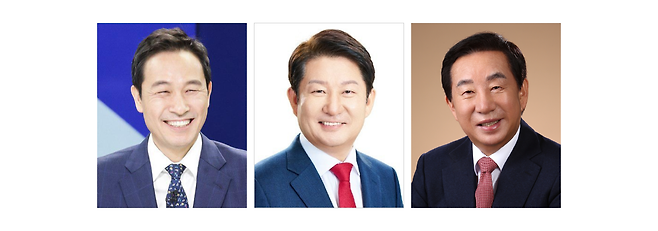 왼쪽부터 우상호 더불어민주당 공동상임선대위원장, 권영진 국민의힘 중앙선대위 조직총괄본부 전략기획본부장, 김성태 국민의힘 선대위 국민소통위원장