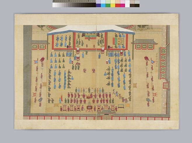 국보 ‘기해계사계첩’은 1719년 숙종이 주관한 경로잔치를 글과 그림으로 기록한 자료이다.(1720년, 세로 52㎝x가로 72㎝, 국립중앙박물관 소장)    국립민속박물관 제공