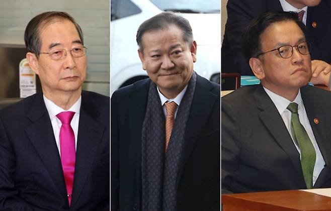 왼쪽부터 한덕수 전 국무총리와 이상민 전 행정안전부 장관, 최상목 전 경제부총리. 연합뉴스·사진공동취재단