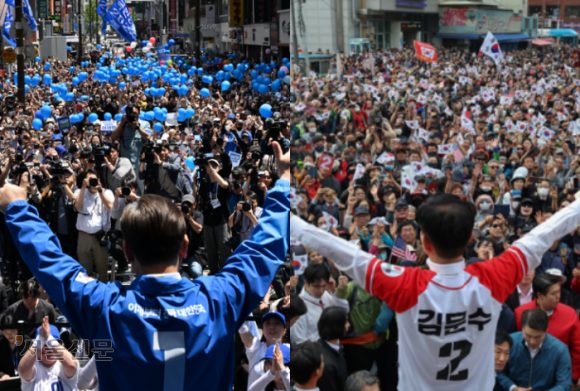보수세가 강한 부산·경남(PK) 지역의 민심 변화에 관심이 쏠리면서 대선 후보들이 앞다퉈 지역을 찾아 지지를 호소하고 있다. 이재명(사진 왼쪽) 더불어민주당 대선 후보는 지난 14일 부산 서면을, 김문수(오른쪽) 국민의힘 대선 후보는 지난 13일 부산 자갈치시장을 각각 찾아 유세를 펼쳤다. 부산 홍윤기 기자·안주영 전문기자