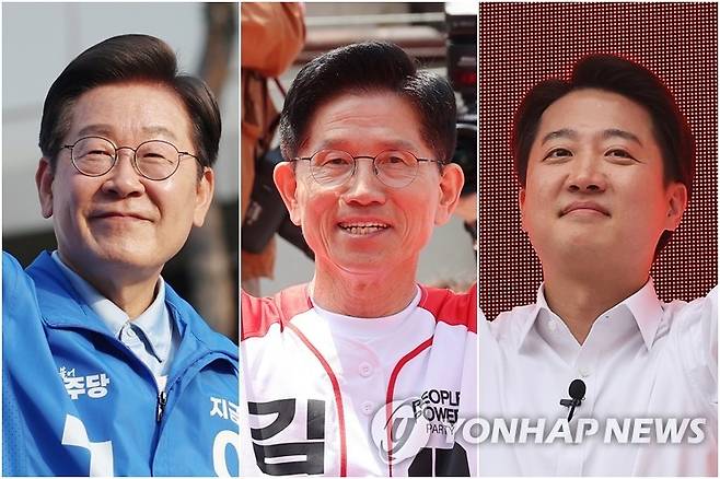 이재명, 김문수, 이준석 후보 (남양주·평택·수원=연합뉴스) 26일 남양주 유세 나선 이재명 후보(왼쪽부터), 평택 K-55미군기지 정문 앞에서 유세하는 김문수 후보, 24일 수원역 로데오거리에서 유세하는 이준석 후보