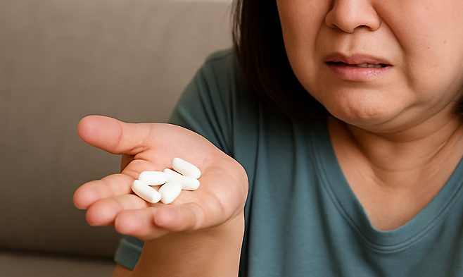 손 위에 올려져 있는 여러 영양제들