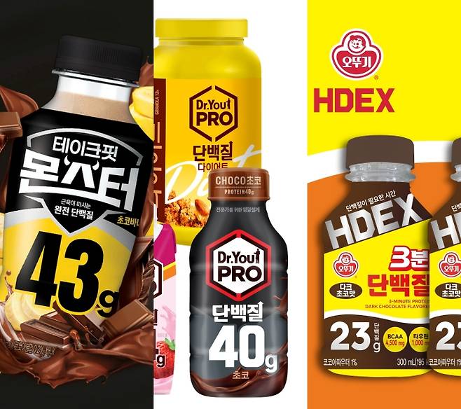 여러 단백질 제품들. (왼쪽부터) 남양유업 '테이크핏 몬스터', 오리온 '닥터유 프로', 오뚜기 '3분 단백질' /사진=각 사