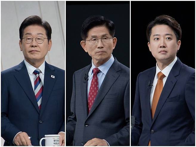 이재명 더불어민주당·김문수 국민의힘·이준석 개혁신당 대선 후보(왼쪽부터)가 지난 27일 저녁 서울 상암동 MBC에서 열린 대선 후보 3차 TV토론에 참석해 있다. ⓒ국회사진기자단