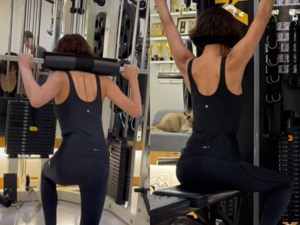 예지원이 랫 풀 다운(왼)과 스미스 머신 런지(오)를 하는 모습. /사진=예지원 인스타그램 캡처