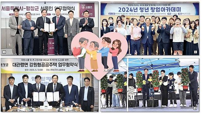 1 지난해 심재국 평창군수는 서울시청에서 ‘서울런’ 연계 교육협력 업무협약을 체결하고 지역 간 교육자원 격차 해소 및 지역 학생들의 교육지원에 힘쓰고 있다. 2 평창군은 지난 13일 강원개발공사와 대관령면 강원형공공주택 업무협약식을 가졌다. 3 평창군은 지역 청년들의 창업과 정착을 위해 청년 창업아카데미를 운영하고 있다. 4 평창군은 제103회 어린이날을 맞아 지난 3일 서울대 평창캠퍼스에서 제2회 평창어린이 행복 페스티벌을 개최했다.