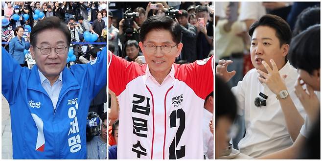 20일 더불어민주당 이재명(사진 왼쪽부터) 대선 후보가 경기 고양 일산문화광장에서 열린 집중유세에서, 국민의힘 김문수 대선 후보가 서울 서초구 고속터미널역 인근 집중유세에서, 개혁신당 이준석 대선 후보가 광주 북구 전남대학교에서 진행된 '학식먹자 이준석' 행사에서 지지를 호소하고 있다. / 사진=연합뉴스