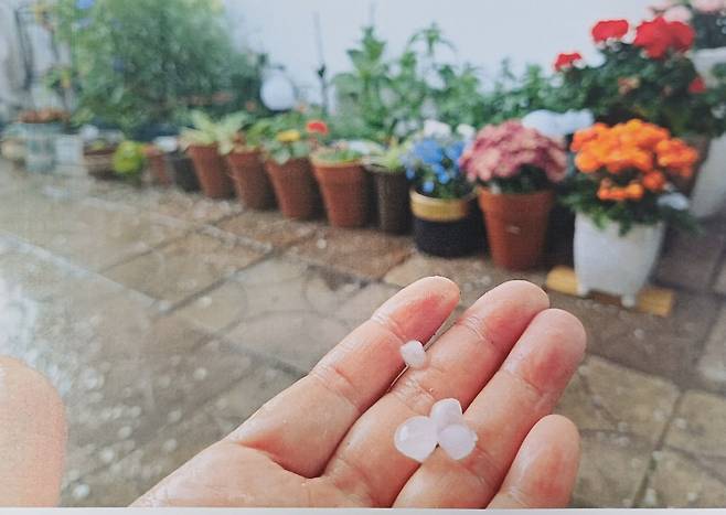 28일 오후 충북 음성군에 쏟아진 우박. 연합뉴스