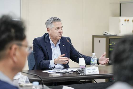 GM Korea CEO Hector Villarreal speaks at the company's plant in Changwon, South Gyeongsang, on May 16. [YONHAP]