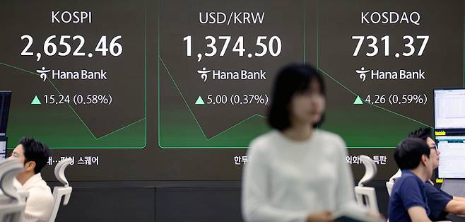 28일 서울 중구 하나은행 본점 딜링룸에 코스피, 코스닥지수, 원/달러 환율이 표시돼 있다.[사진=연합뉴스]
