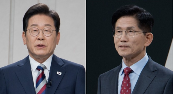 이재명(왼쪽) 더불어민주당 대선 후보와 김문수 국민의힘 대선 후보가 27일 서울 마포구 상암동 MBC 스튜디오에서 진행된 정치 분야 TV토론회를 준비하고 있다. (사진=연합뉴스)