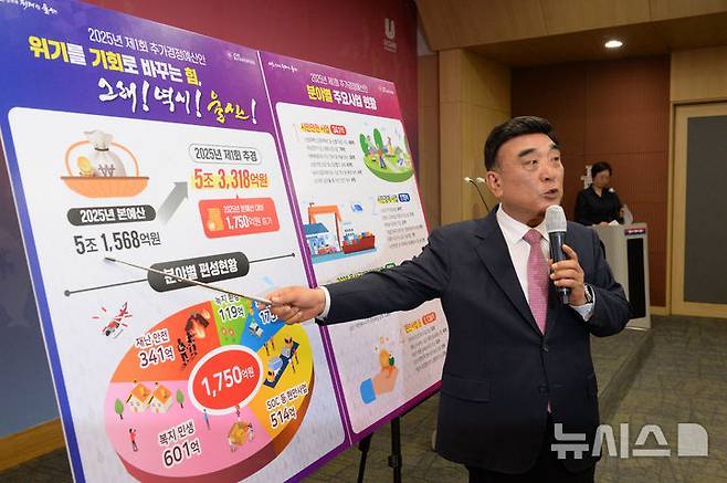 [울산=뉴시스] 배병수 기자 = 김두겸 울산시장이 28일 시청 프레스센터에서 기자회견을 열고 제1회 추가경정예산안 편성을 발표하고 있다. 2025.05.28.bbs@newsis.com.