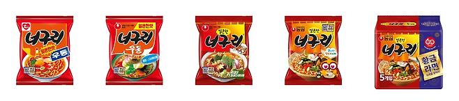 너구리 히스토리팩 이미지. 왼쪽부터 1983년, 2001년, 2008년, 2020년 패키지.